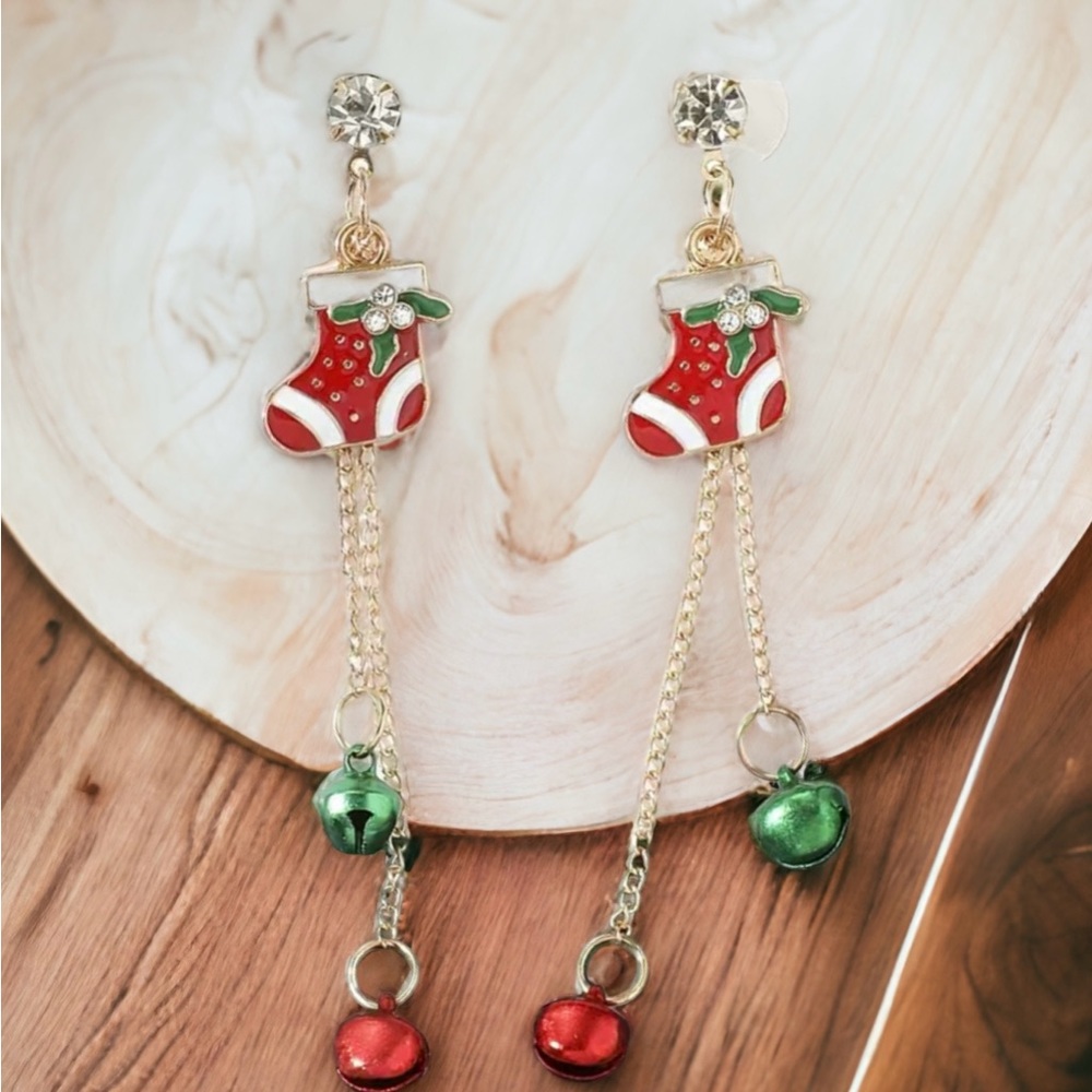🌼 Christmas Socks Jingle Bells Design Long Dangle Earrings Gold Tone